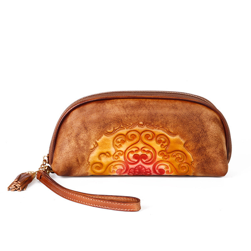 Retro leather women's handbag with embossed pattern and hand - polished finish