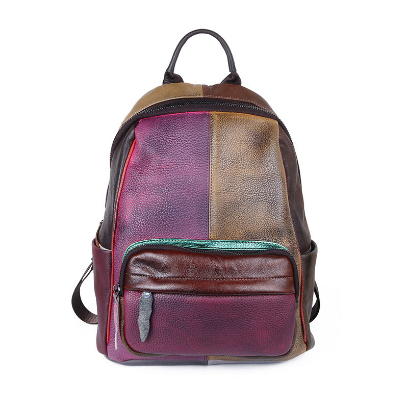 Vintage Style Handmade Color Blocking Cowhide Shoulder Bag, Retro Crossbody Double Strap Ladies Purse