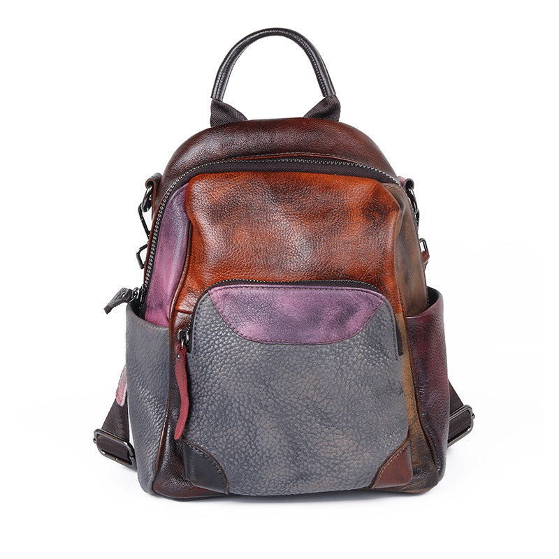 Cowhide Color Blocking Handmade Outdoor Genuine Leather Backpack