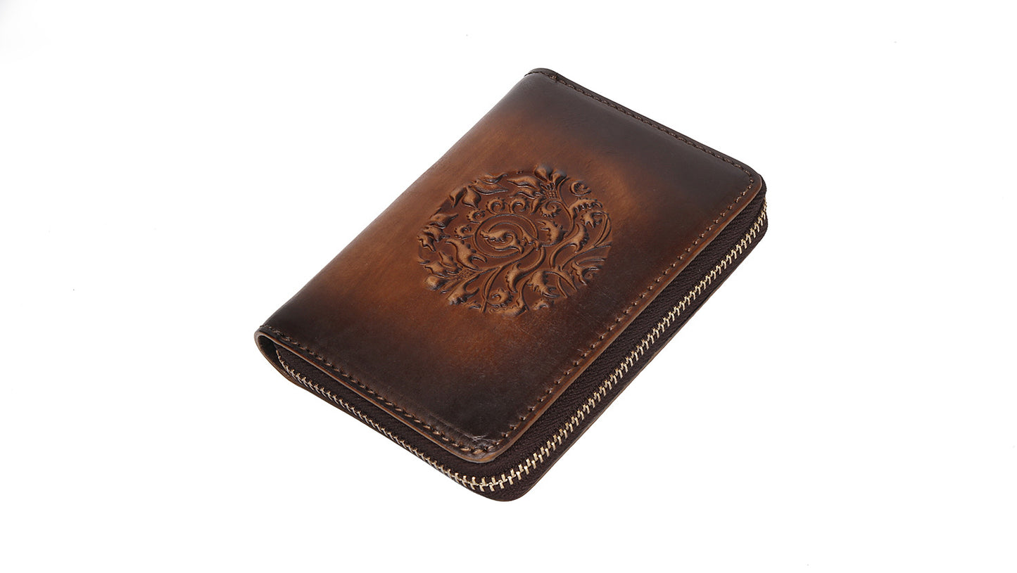 Top Layer Cowhide Embossed Hand Color Large Capacity Zipper Organ Card Bag Vintage Genuine Leather Coin Purse