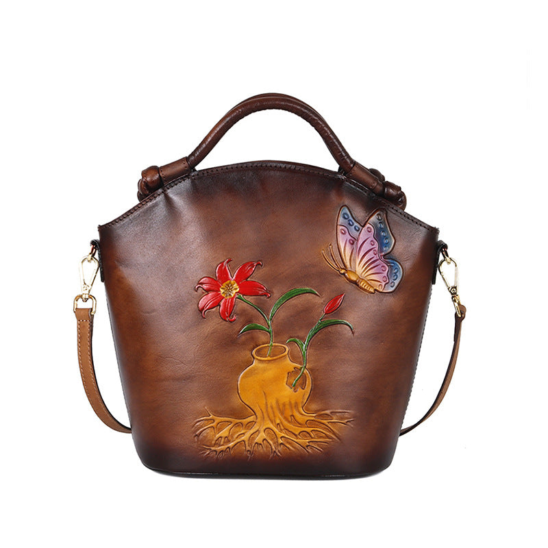 Vintage Embossed One-Shoulder Diagonal Portable Bucket Bag in Top Layer Cowhide