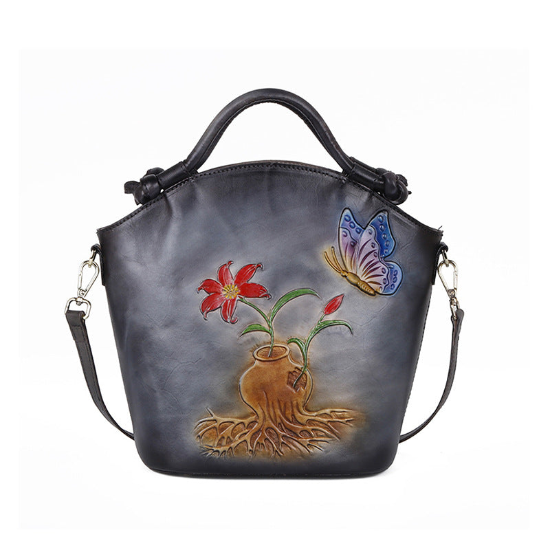 Vintage Embossed One-Shoulder Diagonal Portable Bucket Bag in Top Layer Cowhide