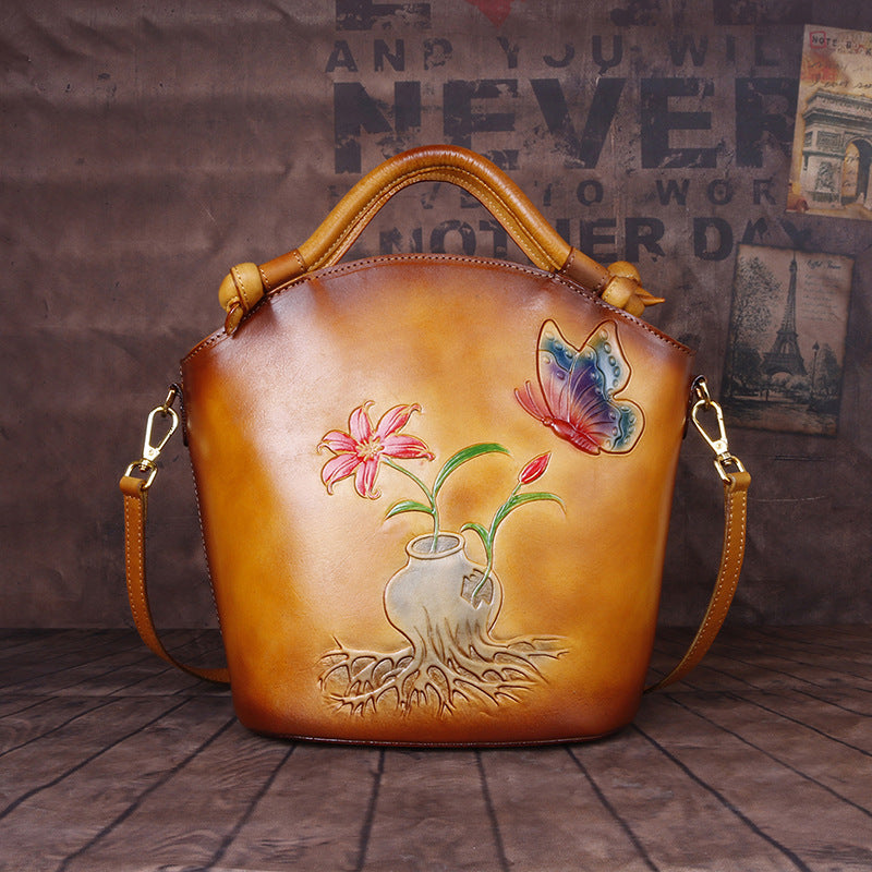 Vintage Embossed One-Shoulder Diagonal Portable Bucket Bag in Top Layer Cowhide