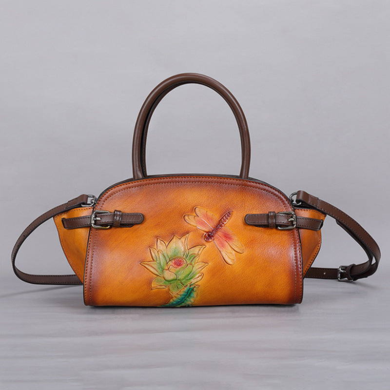 Retro Genuine Leather Women's Crossbody Bag with Embossed Butterfly Love Flower Tree Design