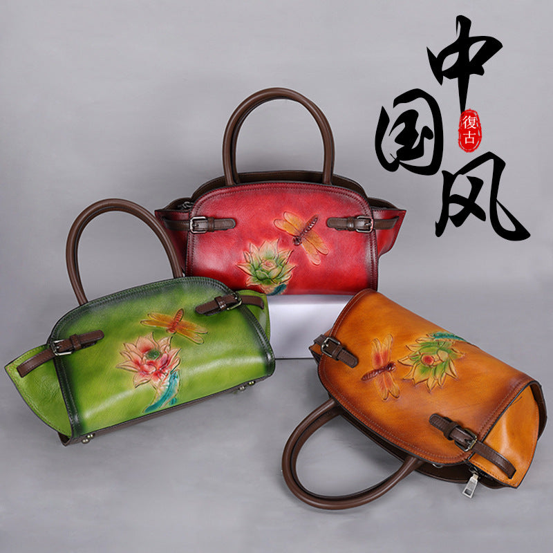 Retro Genuine Leather Women's Crossbody Bag with Embossed Butterfly Love Flower Tree Design