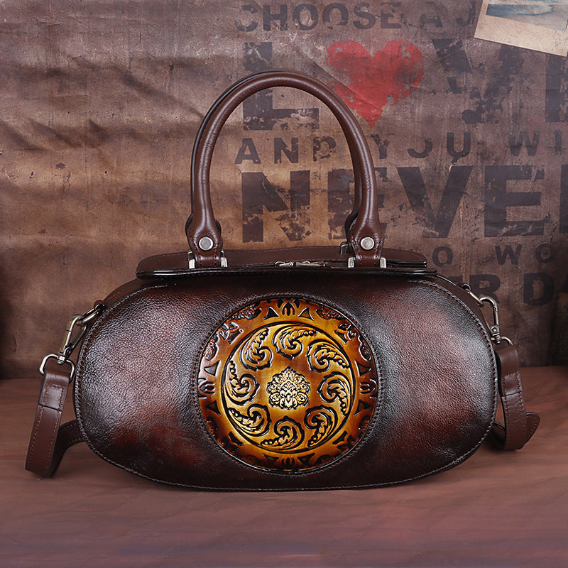 Vintage Genuine Leather Women's Crossbody Bag with Embossed Tree Design and Hand - Brushed Finish