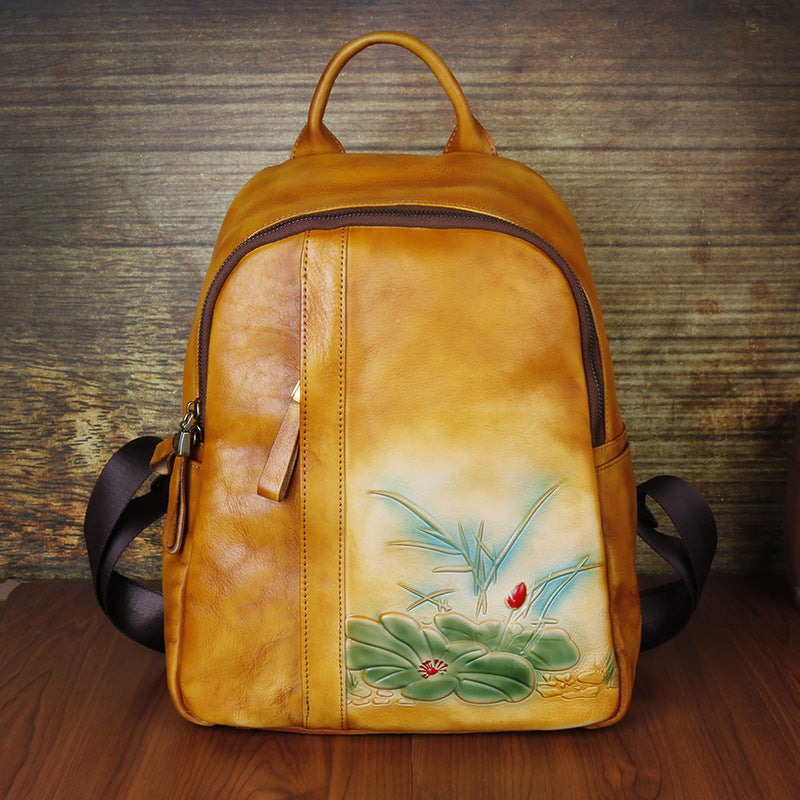 Retro Genuine Leather Women's Backpack with Embossed Design and Large Capacity