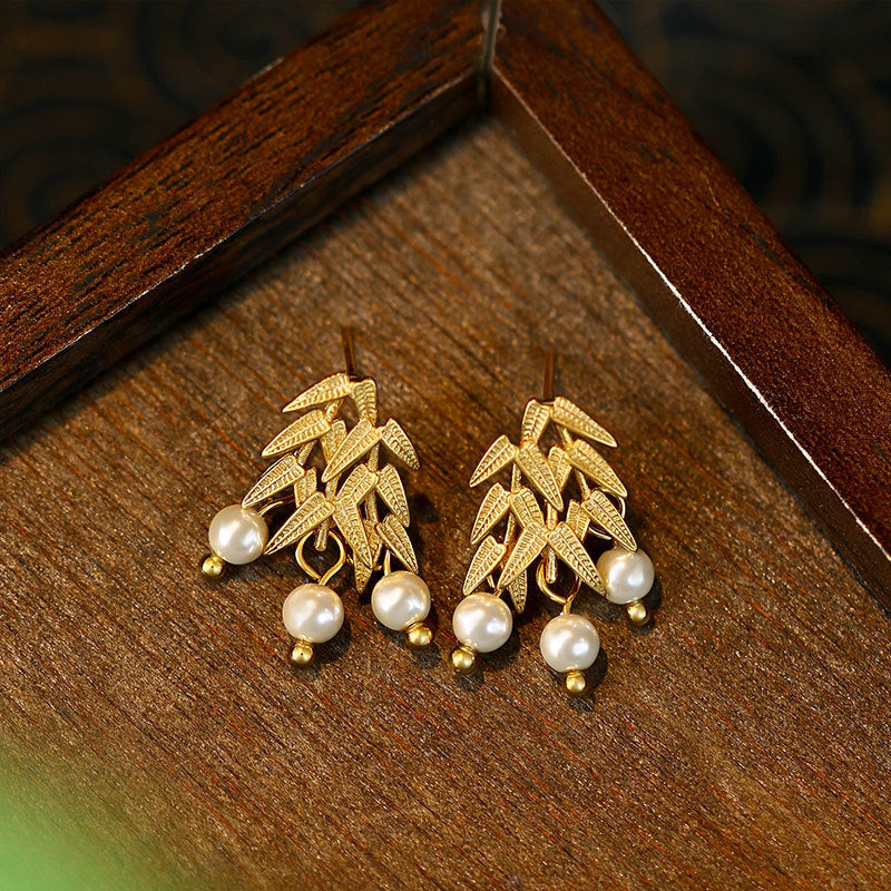 Golden Bamboo Imitation Pearl 925 Silver Pin Vintage Earrings for Women