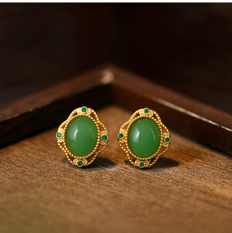 925 Silver Needle Imitation Jasper Earrings, Simple Round Retro for Women