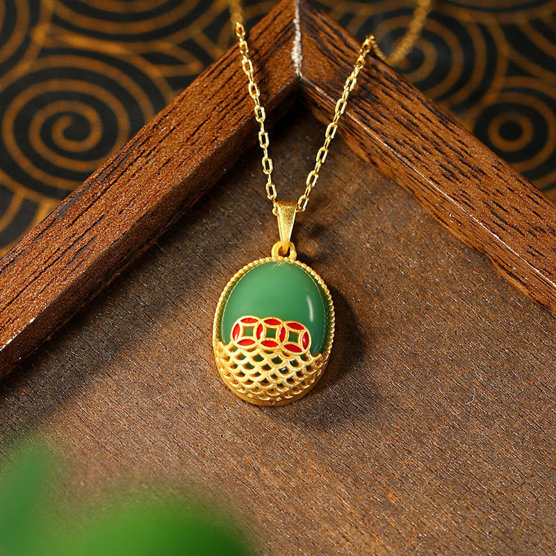 Enamel Color Wealth Necklace with Imitation Hetian Jade for Women