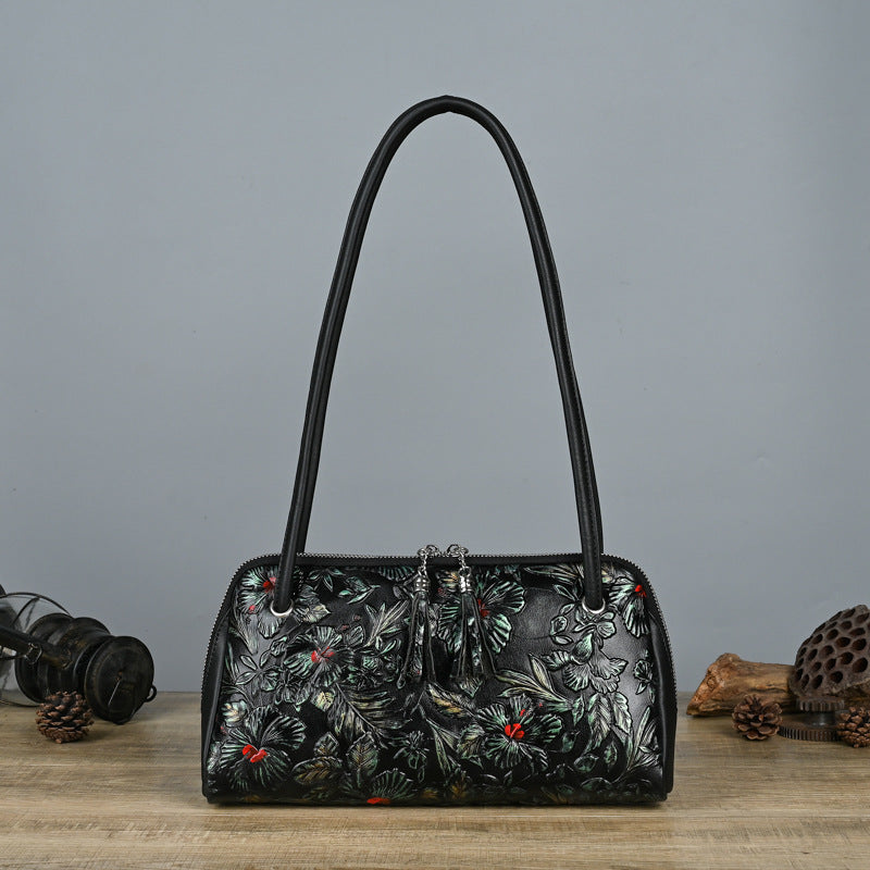 Retro Genuine Leather Underarm Baotou Cowhide Handmade Color-polished Handbag with Embossed Floral Design