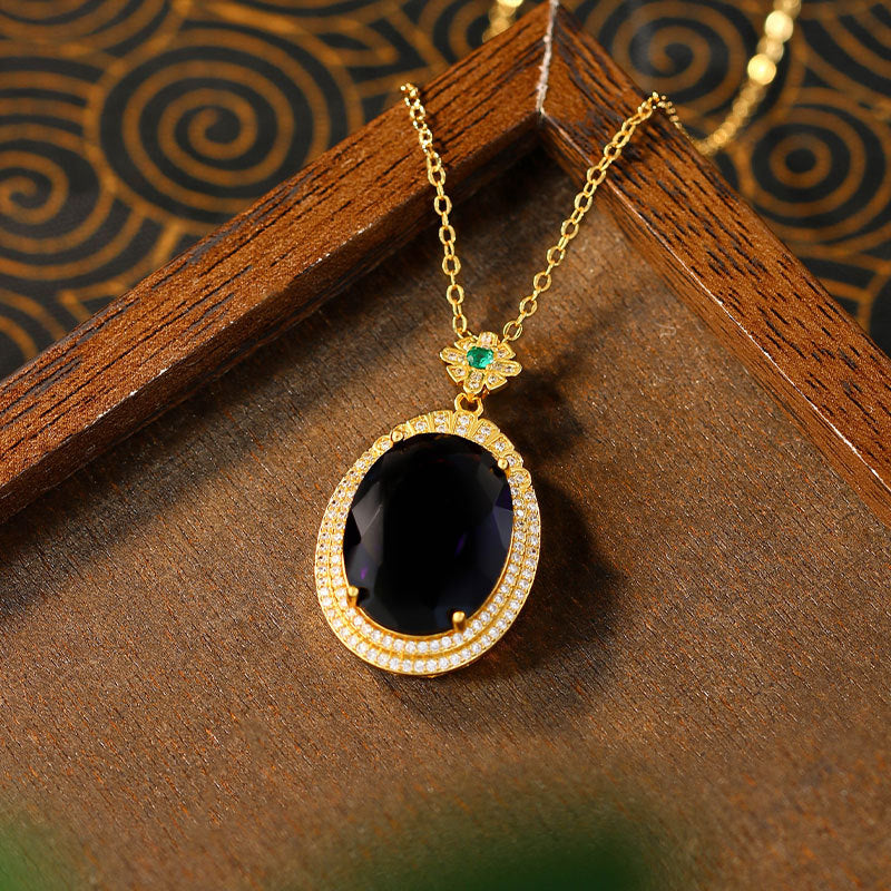 Retro Full Diamond Violet Gem Inlaid Oval Pendant Necklace