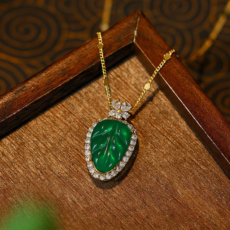 Plating Gold Inlaid Ice Chalcedony Golden Branches Jade Leaf Imitation Jade Pendant Necklace for Men and Women