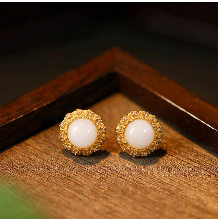 925 Silver Sweet Flower Imitation Jade Earrings