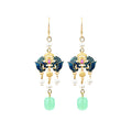 Antique Cloisonne Burned Blue Fushou Ruyi Imitation Hetian Jade Earrings
