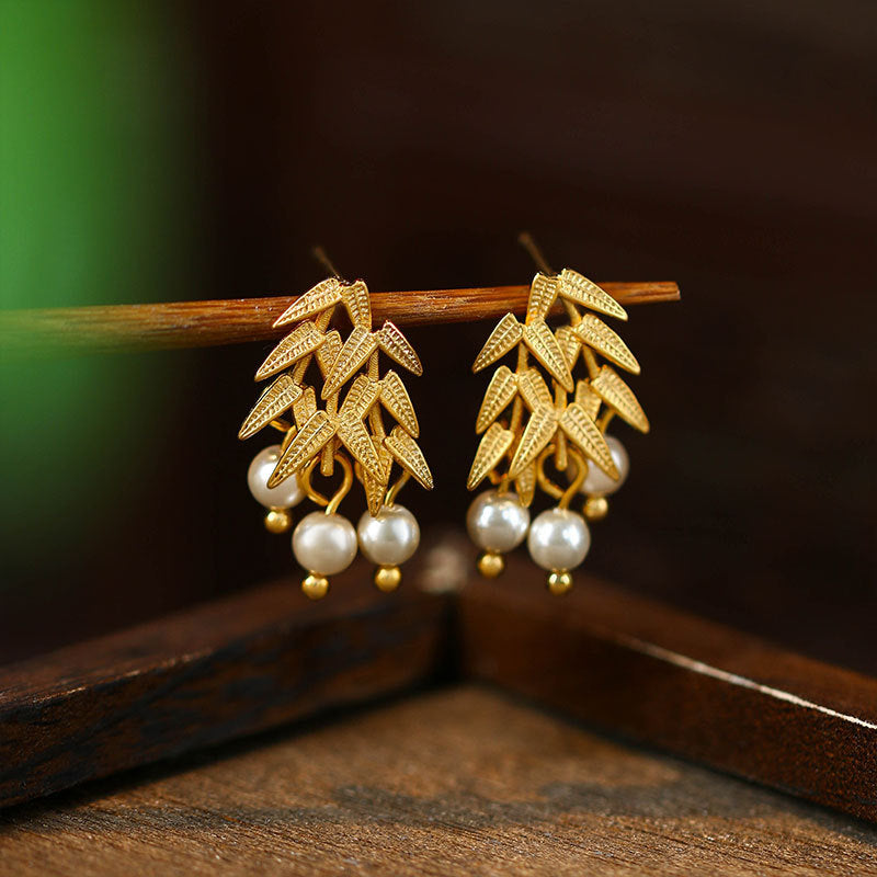 Golden Bamboo Imitation Pearl 925 Silver Pin Vintage Earrings for Women