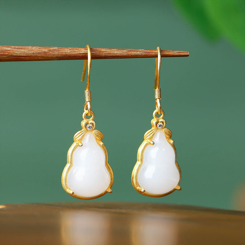 S925 Silver Needle Gold Plated Imitation White Jade Gourd Earrings