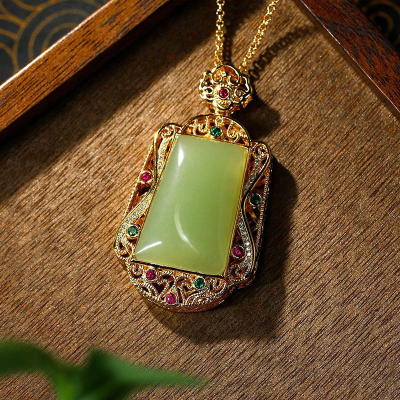 Real Gold Plated, Micro-inlaid Colored Diamond Imitation Hetian Jade Pendant Necklace for Men and Women