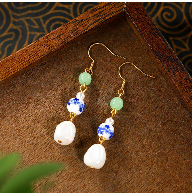 Baroque Alien Imitation Pearl Silver Enamel Gradient Earrings, Niche Design, High-grade Blue and White Porcelain for Women