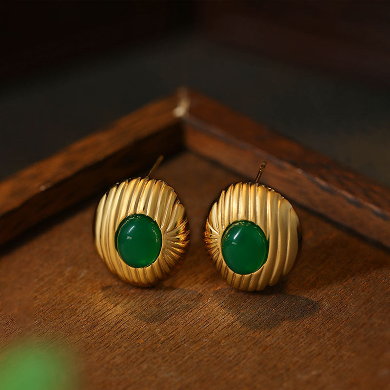 18k Gold Plated Silver Needle Round Imitation Green Agate Oval Pendant Earrings Studs, Original Design, High Sense