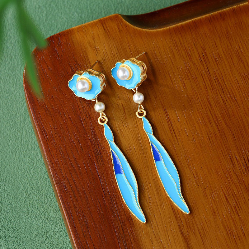 Filigold Gradient Enamel Imitation Pearl Antique Xiangyun Willow Leaf Tassel Earrings for Women