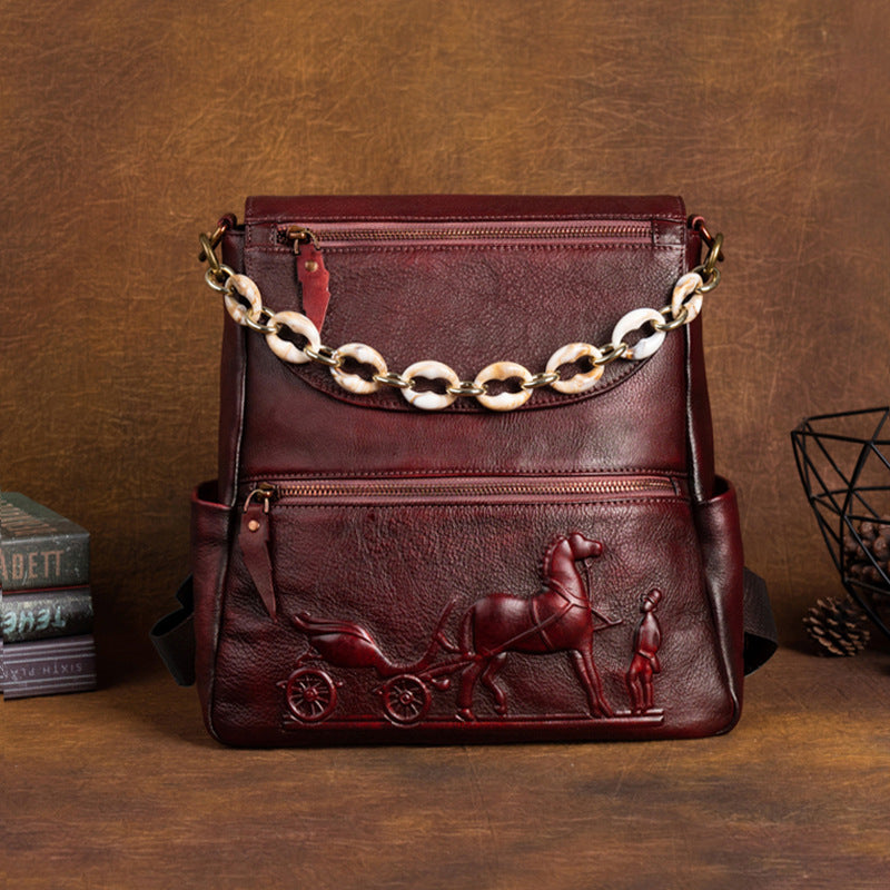 Top layer cowhide embossed handmade leather backpack