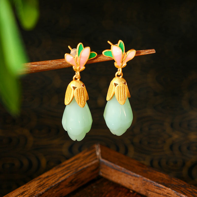 925 Silver Needle Magnolia Imitation Hetian Jade Antique Earrings for Women