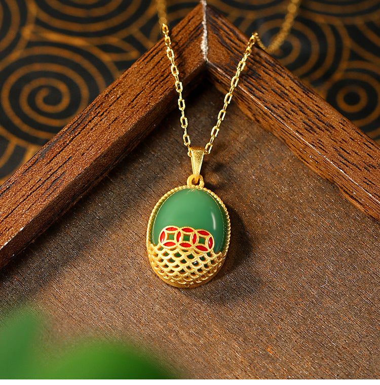 Enamel Color Wealth Necklace with Imitation Hetian Jade for Women
