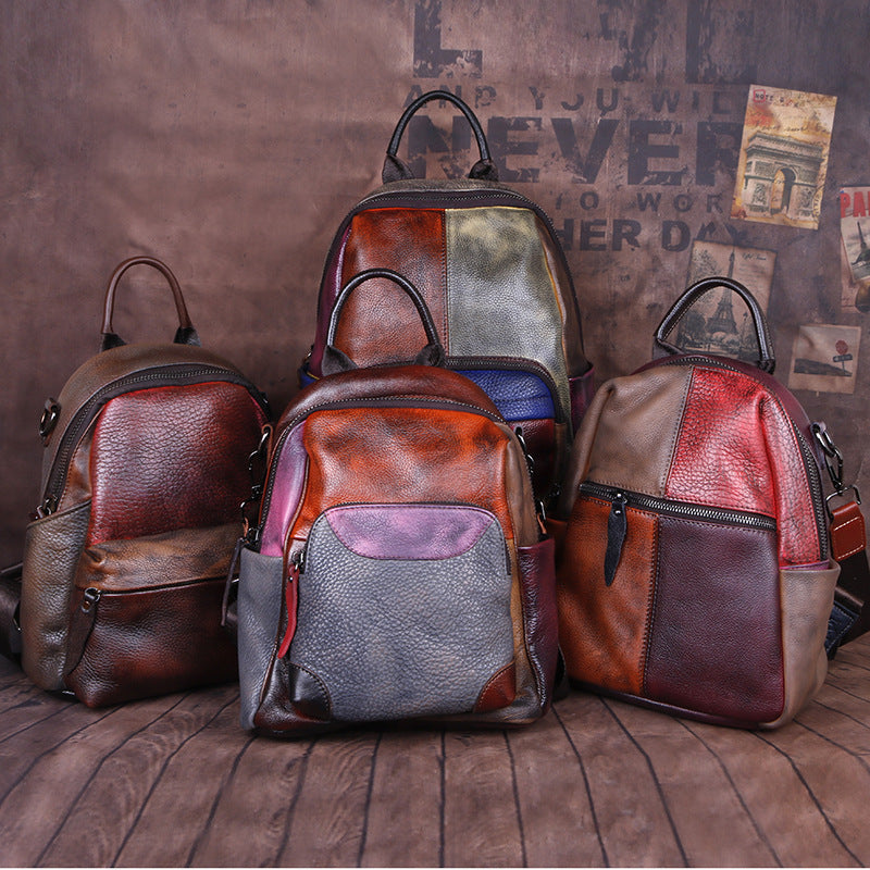 Cowhide Color Blocking Handmade Outdoor Genuine Leather Backpack