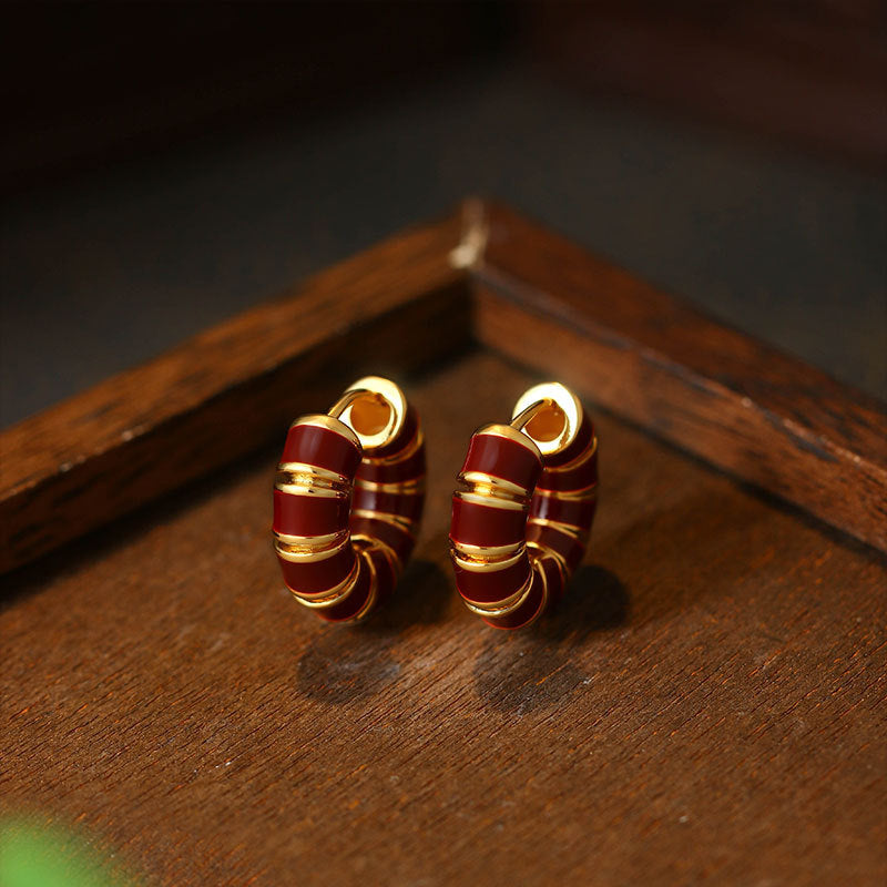 Ancora Red Drop Oil Earrings, French Retro, Copper Plated Real Gold, All-Match