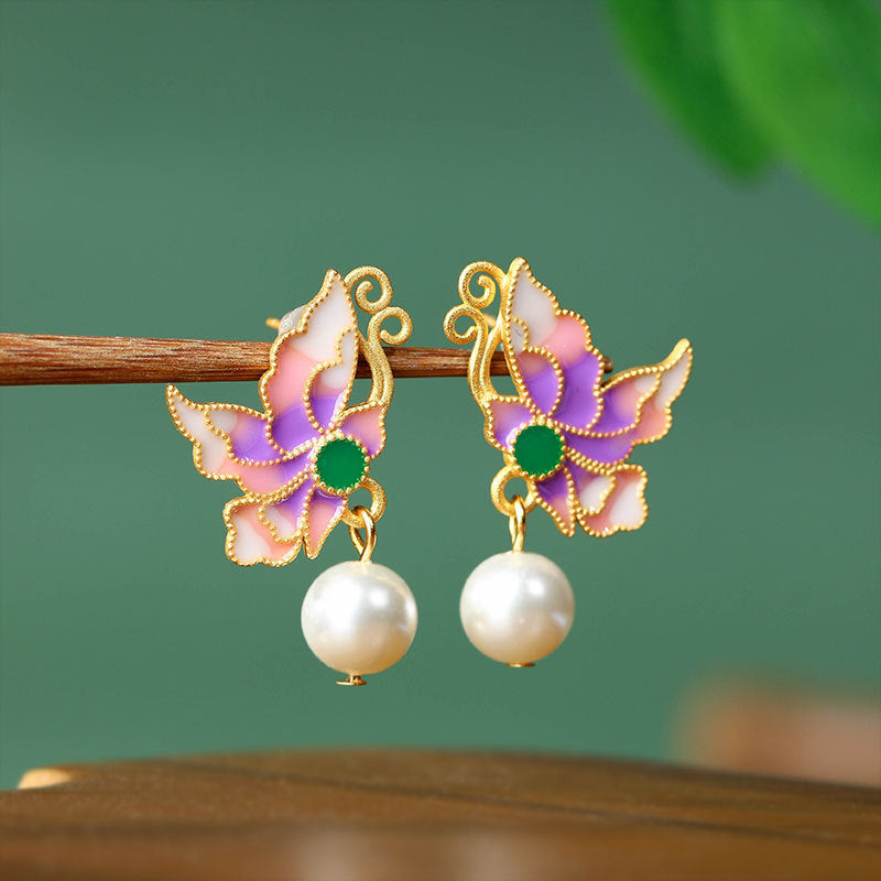 Enamel Butterfly Imitation Pearl Filament Inlaid Earrings for Hanfu & Cheongsam