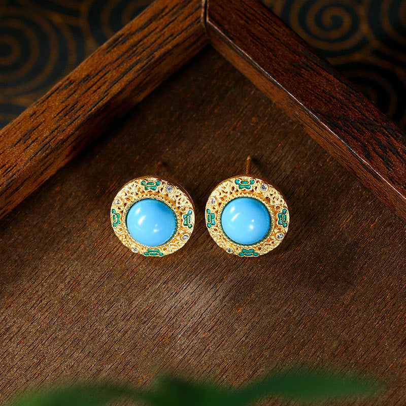 925 Silver Needle Gold-plated Blue Turquoise Ruyi Hollow Round Women's Earrings