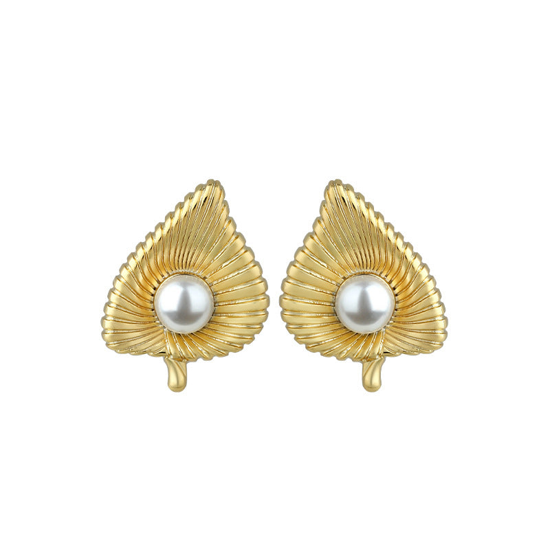 French Vintage Leaf Pearl Earrings, Simple and All-match