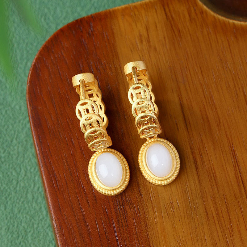 Real Gold Plated with Imitation Jade Egg Face Copper Coin Earrings for Women