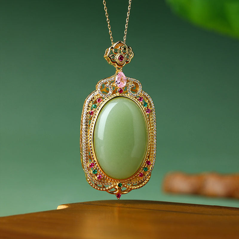 Elegant Gold-plated Copper-plated Imitation Hetian Jade Pendant with Micro-inlaid Colored Diamond Necklace for Men and Women
