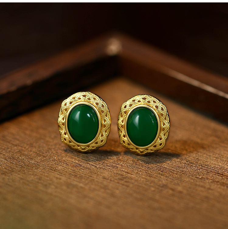 Imitation Hetian Jade 925 Silver Needle Agate Earrings with Hollow Pattern