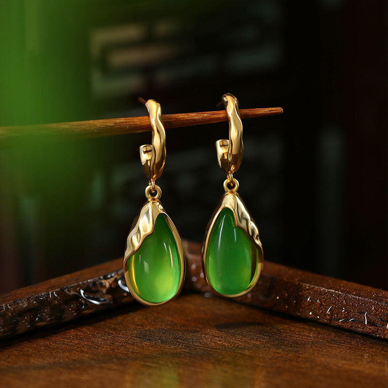 925 Silver Needle Earrings Inlaid with Imitation Jade, Simple Water Drop Design for Women