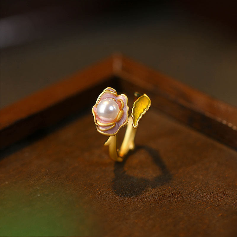 French Vintage Niche Pink Rose Oil Drop Ring with Crystal Pearl for Women