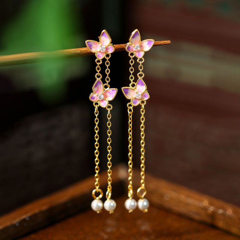 925 Silver Needle Tassel Pearl Butterfly Earrings for Women