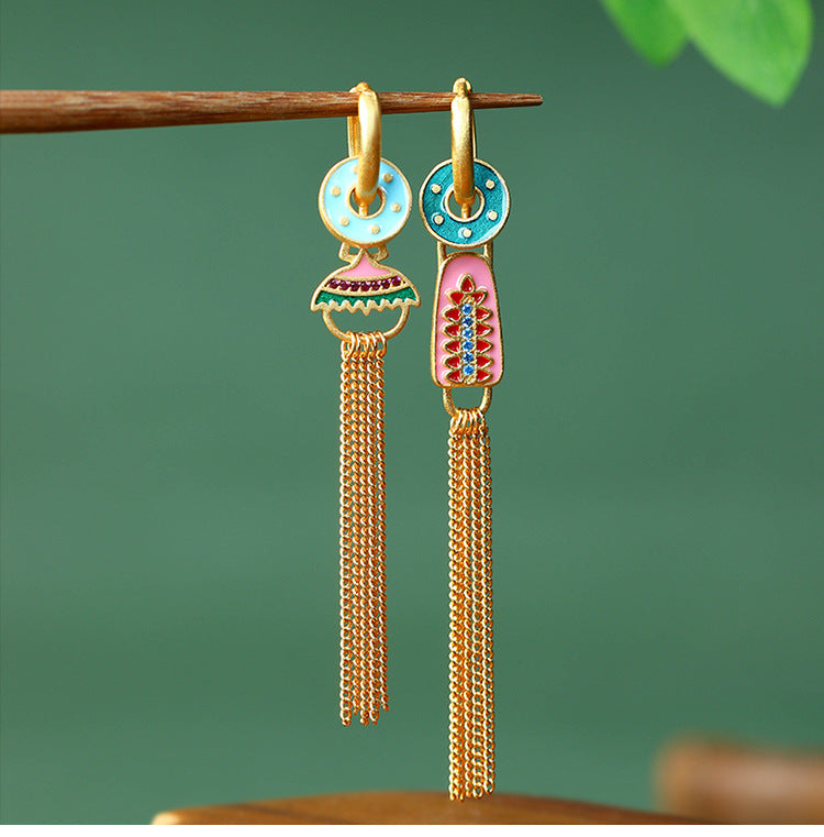 Asymmetric Color Tassel Enamel Earrings