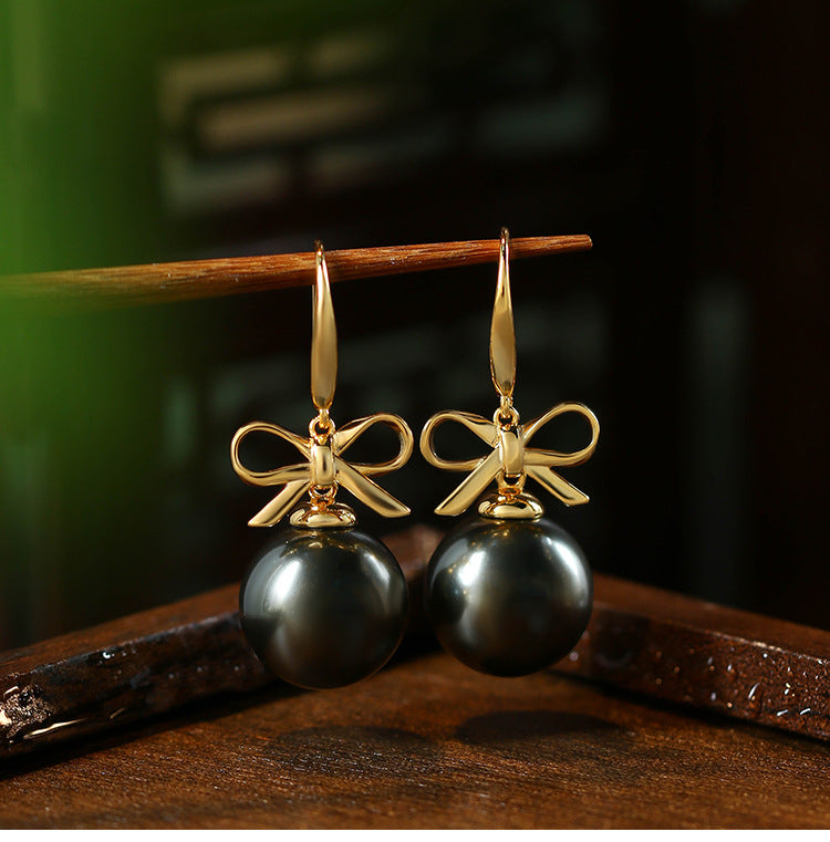 Gold Plated Bow Drawing Ball French Elegant Earrings for Women