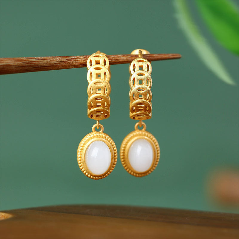Real Gold Plated with Imitation Jade Egg Face Copper Coin Earrings for Women