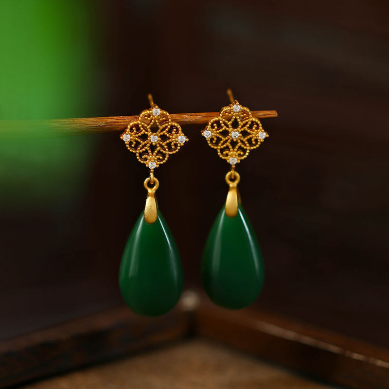 Antique Water Drop Imitation Jade Earrings, Ear Hook for Hanfu Cheongsam