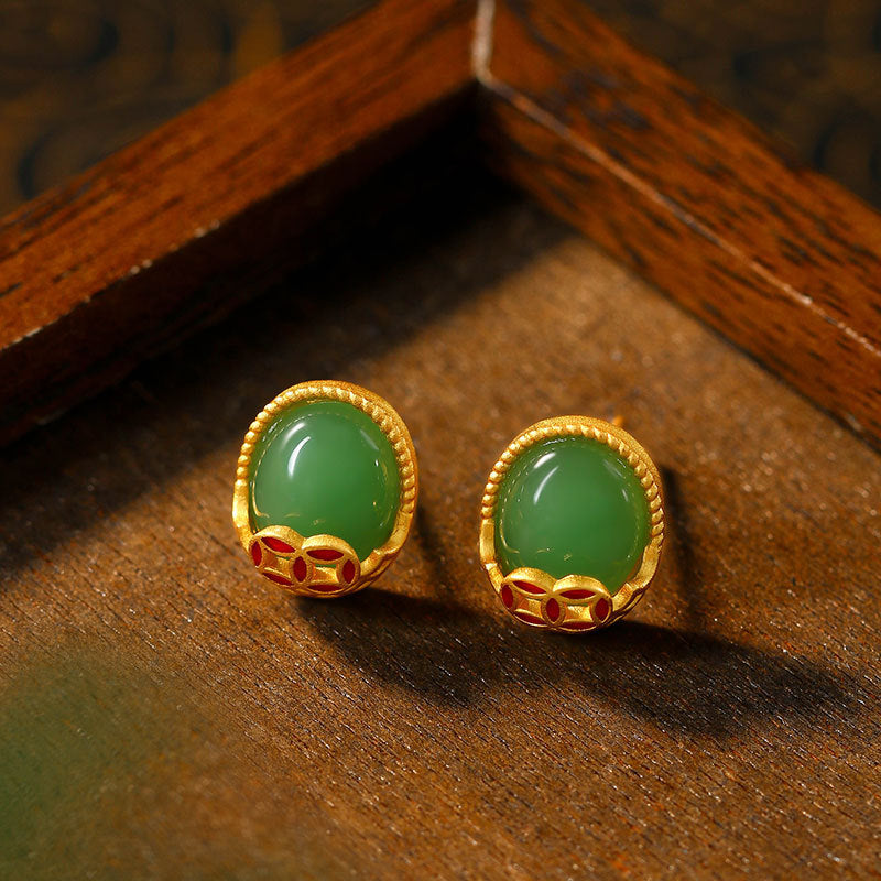 Antique Fortune Rolling Imitation Jade Long Earrings, Niche Fashion