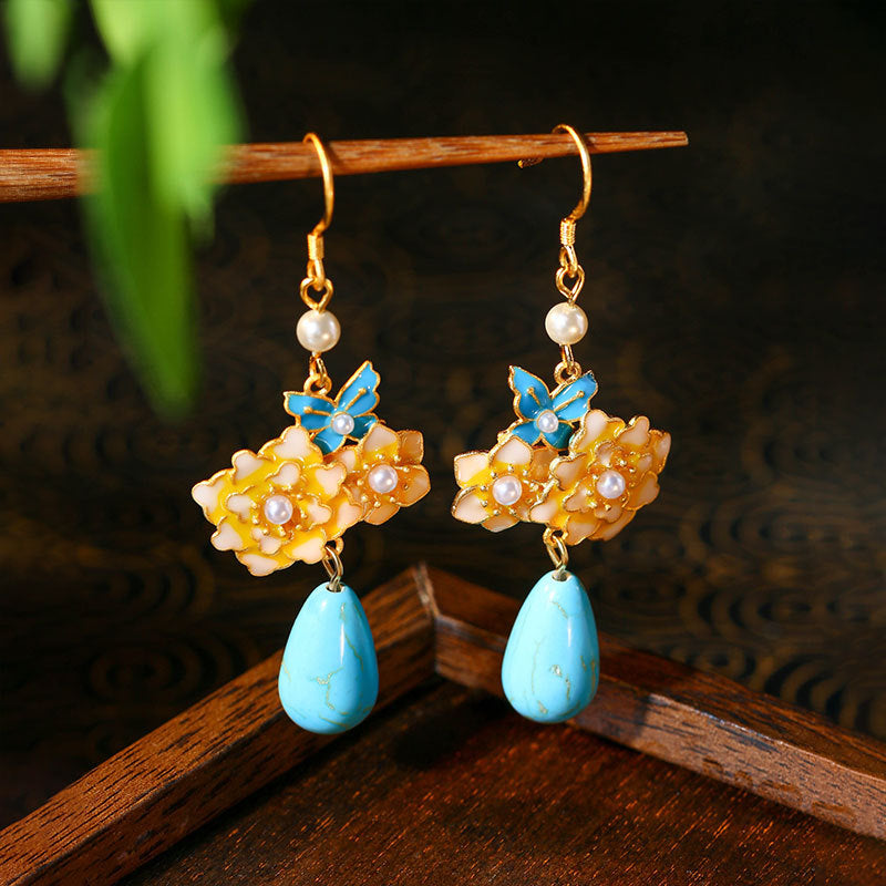 Filigree Burned Blue Butterfly Love Flower Turquoise Earrings, All-match for Hanfu & Cheongsam
