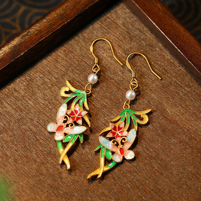 Original Design Color Oil Dropping Butterfly Pearl Silver Pin Earrings for Women