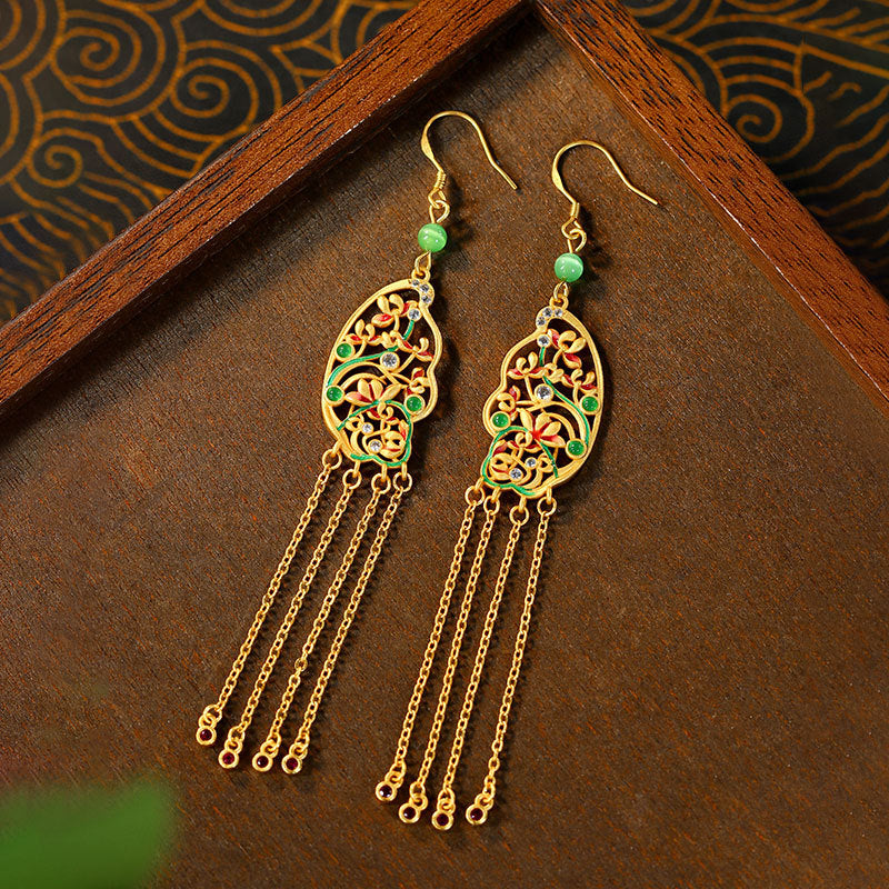 Original Design Enamel Colorful Flowers Brocade Trousers Tassel Earrings for Women
