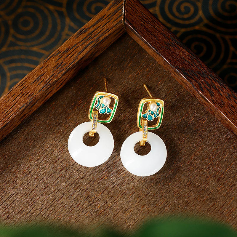 New Enamel Ping An Buckle 925 Silver Gold-plated Imitation Hetian Jade Earrings, Cheongsam Accessories