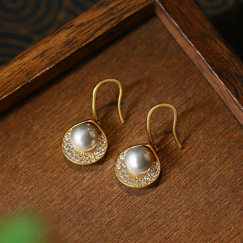 French Court Style Pearl Earrings with Full Zirconium Diamond