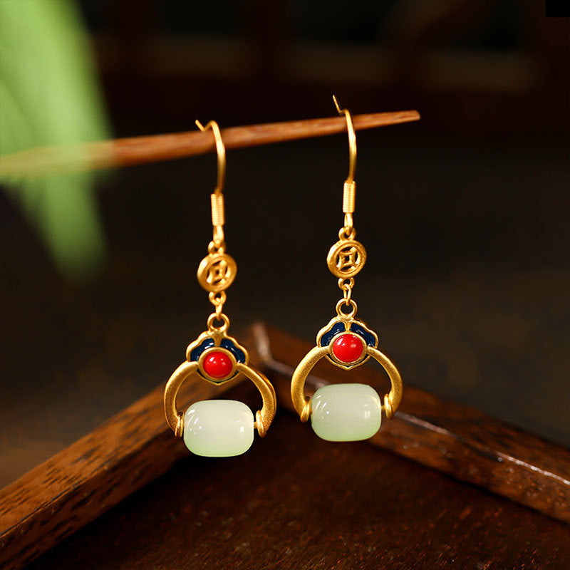 925 Silver Needle Xiangyun Lutong Earrings with Transfer Beads and Imitation Jade